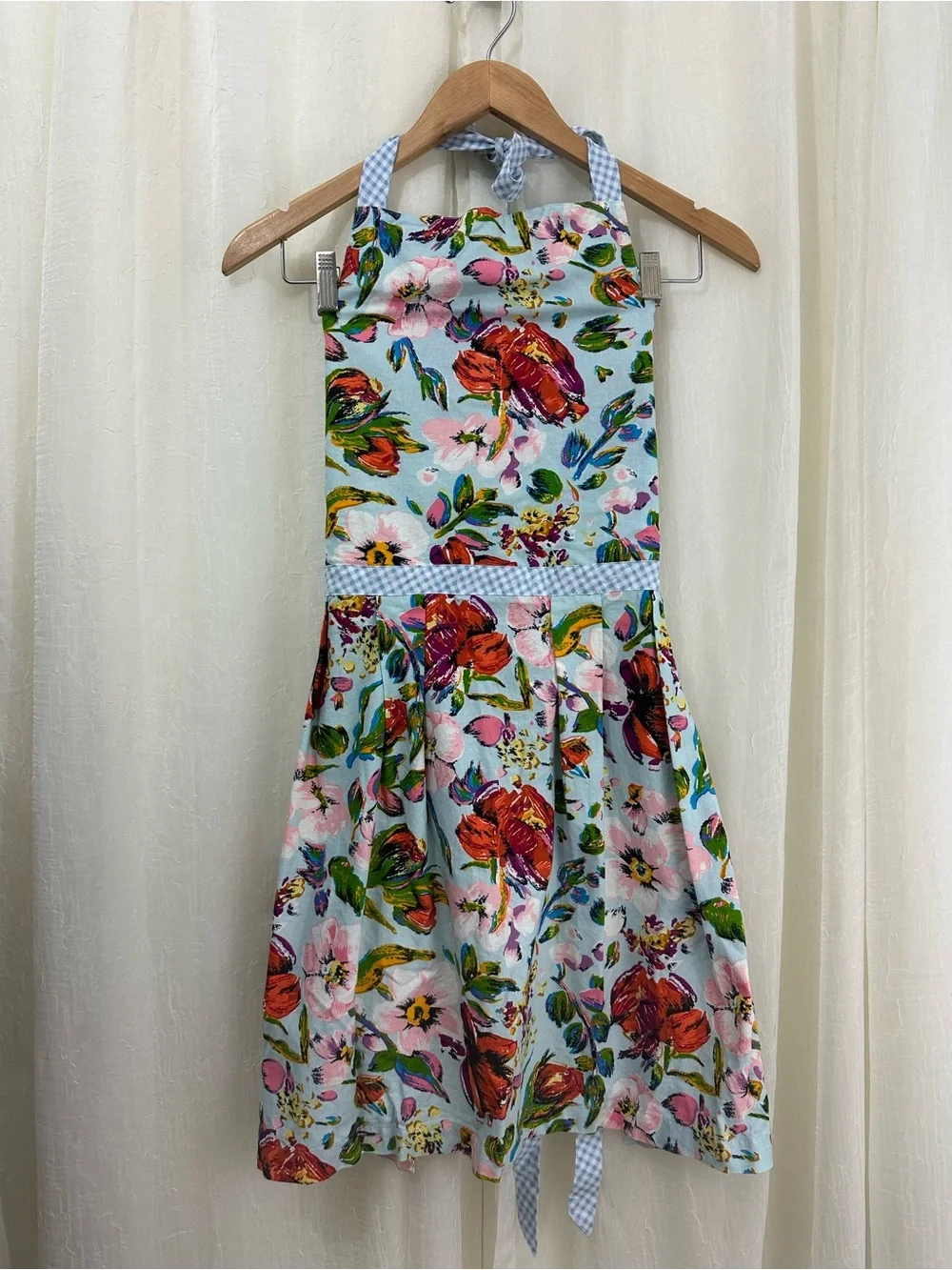 Vera Bradley Floral Multicolor Cotton Apron with Blue Gingham Ties